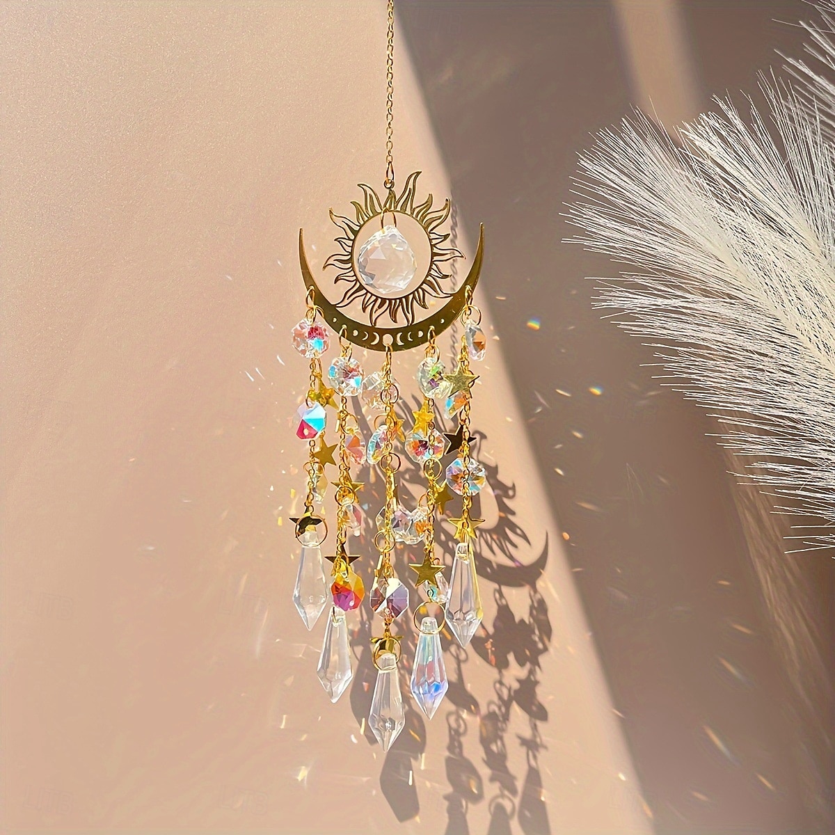 Crystal Sun Catcher Golden Flame Moon Hanging Ornament, AB Color Window Hanging Decor for Indoor Outdoor Garden Courtyard Bedroom, Suncatcher for Window Light Prism Decoration 2025 - $18.99 –P1