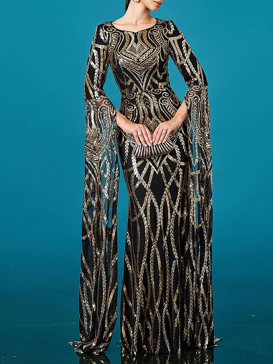 Robe de soirée en forme de sirène/trumpet élégante mariage longue à partir du sol à manches longues col rond en satin sequins avec fente de 2025 ? $119.99 –P7