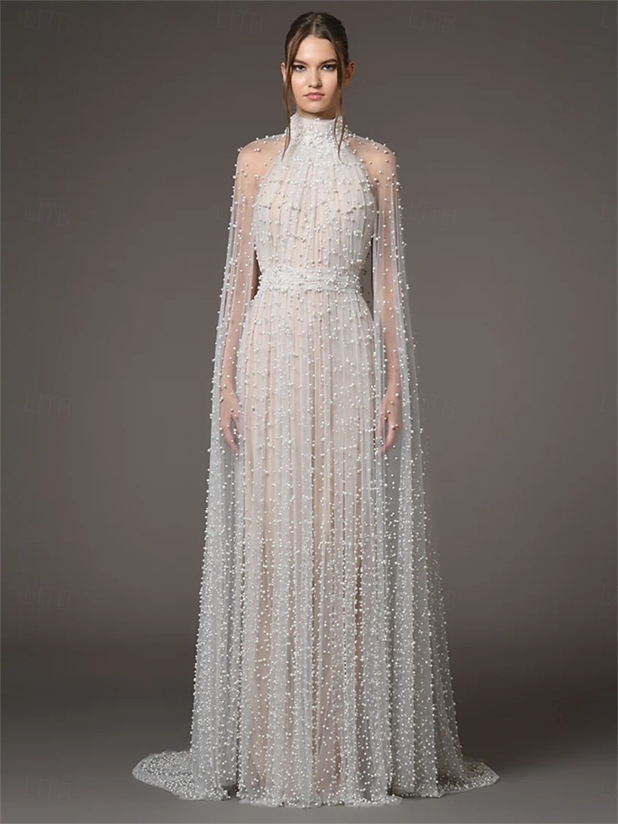 Vestidos de quinceanera em A-line vestido elegante casamento convidada de casamento comprimento do chão mangas longas gola alta tule costas nuas com pregas de 2025 por $179.99 –P1