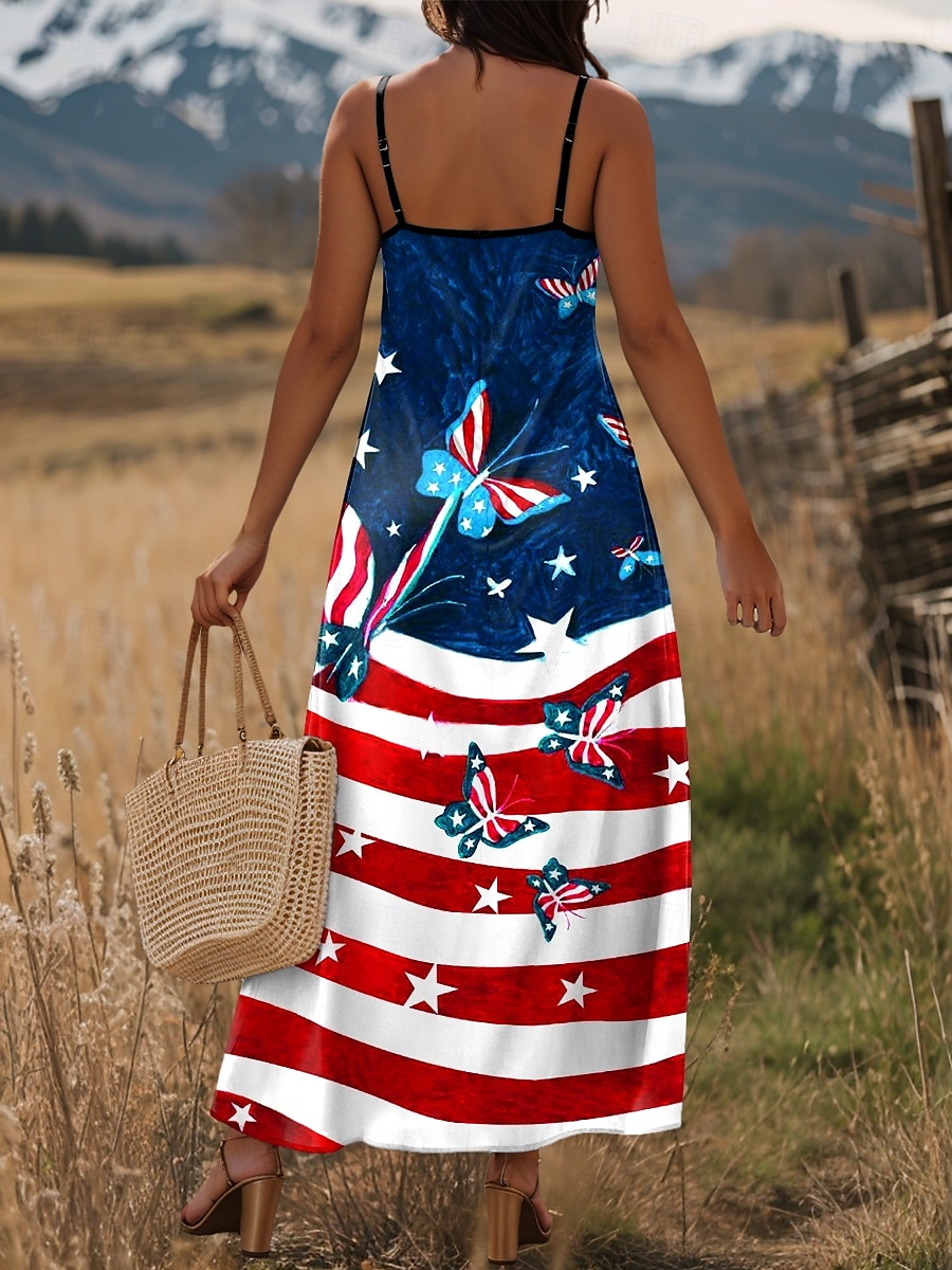 Women's Patriotic Maxi Dress A Line Dress Slip Dress Vacation Casual Daily Holiday Regular Fit Graphic American Flag Sleeveless V Neck Spaghetti Strap 2025 - $27.99 –P2