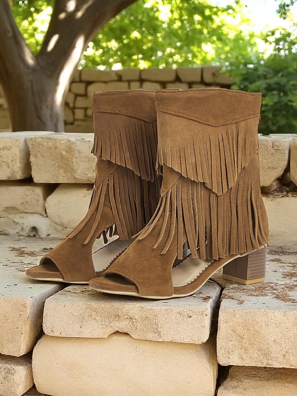 Bruna damsandaler med mockafransar och blockklack – bohemiska stövlar med öppen tå i västerländsk stil för musikfestivaler, sommarkläder och vardagskläder 2026 - $46.99 –P1