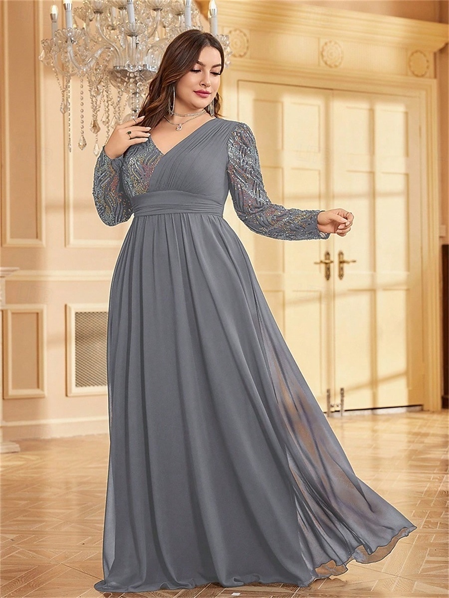 A-Line Plus Size Dresses Elegant Curve Dress Formal Wedding Floor Length Long Sleeve V Neck Chiffon with Sequin 2025 - $119.99 –P11