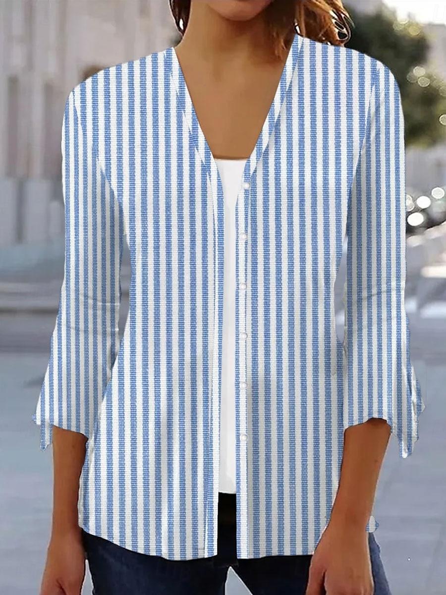 Dame T skjorte Grafisk Stripet Elegant Årgang Stilfull 3/4 ermer V-hals Vanlige topper Daglig Trykt mønster Navyblå Beige Lyseblå Sommer 2025 - $29.99 –P1