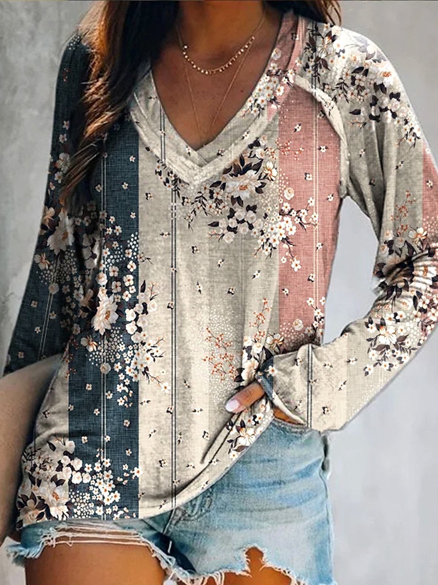 Pentru femei Tricou Floral Grafic Geometric Epocă occidental Casual Manșon Lung În V Topuri obișnuite Zilnic Sfârșit de săptămână Îmbrăcăminte de vacanță Imprimeu Galben Roșu Vin Roz Prăfuit 2025 - $22.99 –P1