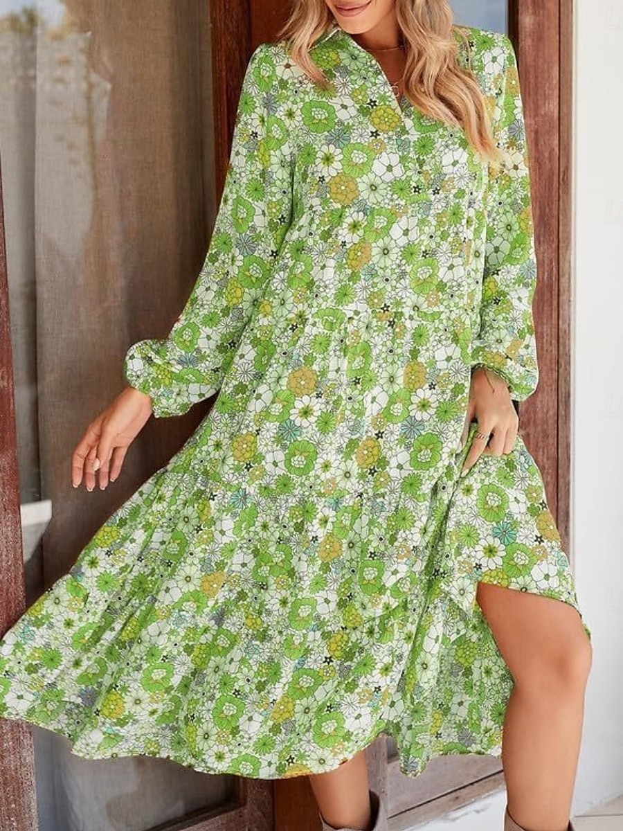 Per donna Abito Midi Abito a trapezio Casual All'aperto Uscire Vestibilità regolare Floreale Grafico Manica Lunga Scollo a V Marrone chiaro Azzurro cielo Arancione Verde Estate del 2025 a $29.99 –P1
