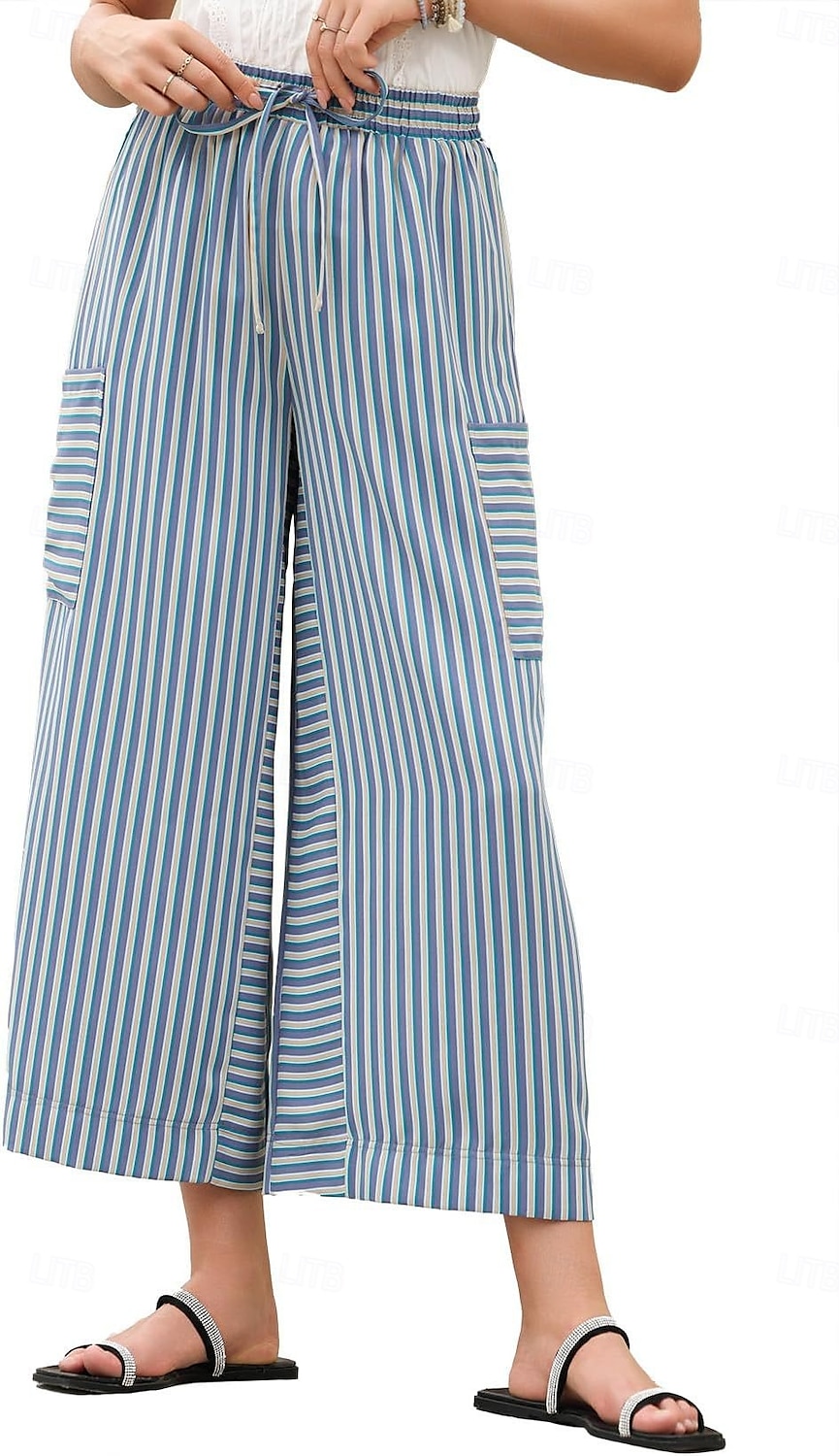 Per donna Gamba larga Chinos Moda Streetwear Lunghezza intera Vita Alta A righe Tasca Fascia Elastica Stampa Comodo Morbido Confortevole Micro-elastico All'aperto Streetwear Blu Arancione Marrone del 2025 a $24.99 –P10