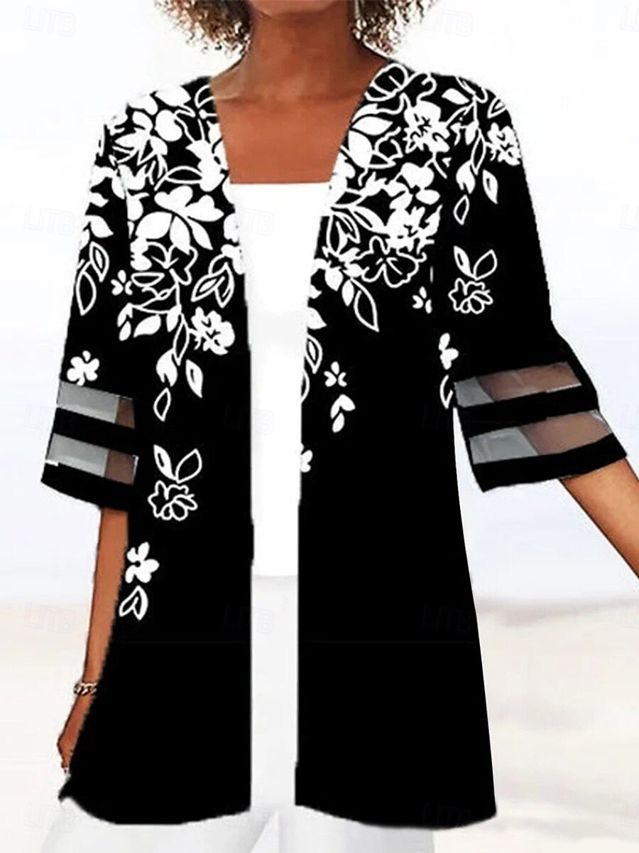 Femmes Veste Décontractée Respirant Confortable Patchwork Imprimé Occasionnel Fleuri Vacances Rue Tenue quotidienne Sortir Ouvert devant Régulier Sans Col Coupe régulière Manche 3/4 Vêtements de 2025 ? $27.99 –P1