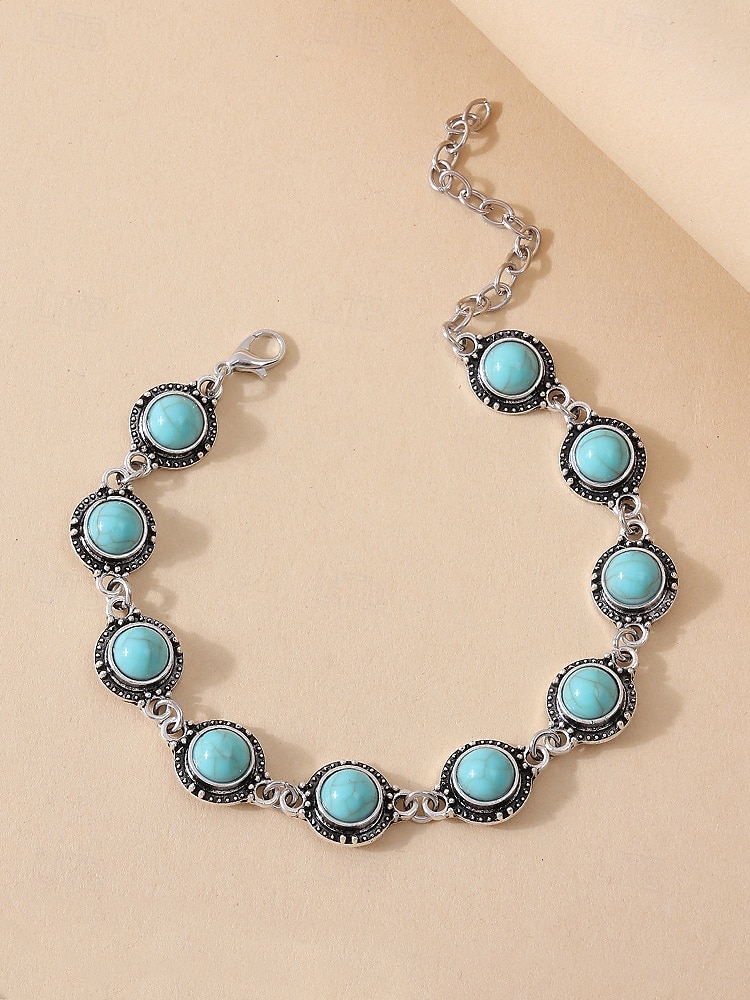 Γυναικείο vintage boho βραχιόλι ποδιού με τιρκουάζ πέτρες - ρυθμιζόμενο ασημένιο βραχιόλι με αλυσίδα και οβάλ στολίδια με πολύτιμους λίθους για καλοκαιρινή παραλία, φεστιβάλ και casual εμφάνιση 2025 - €7.18 –P6