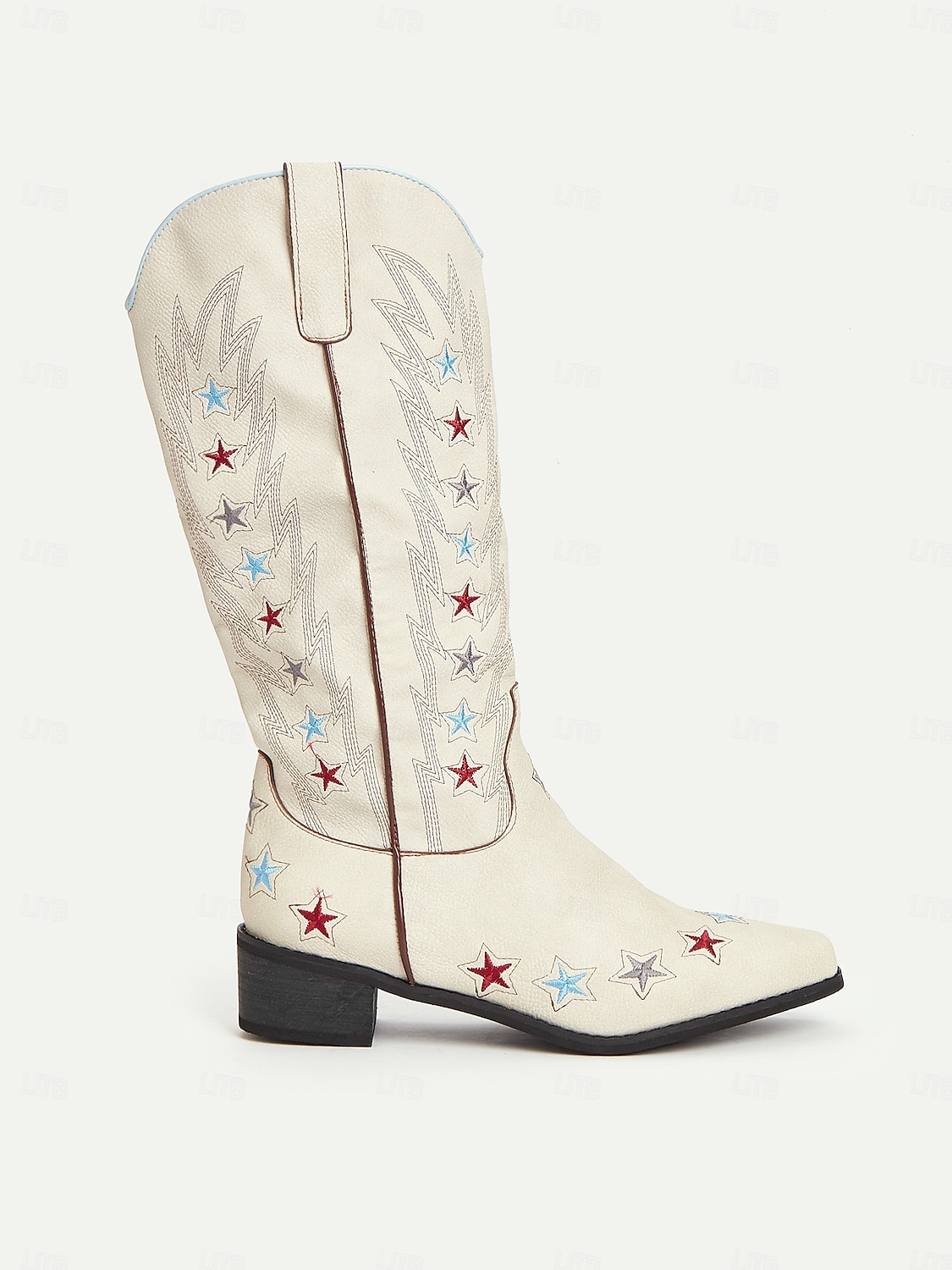 Dámské krémové kovbojské boty ve westernovém stylu s barevnou výšivkou hvězd – retro rodeo boty do půli lýtek na country koncerty, festivaly a american outfity 2025 - $46.99 –P4
