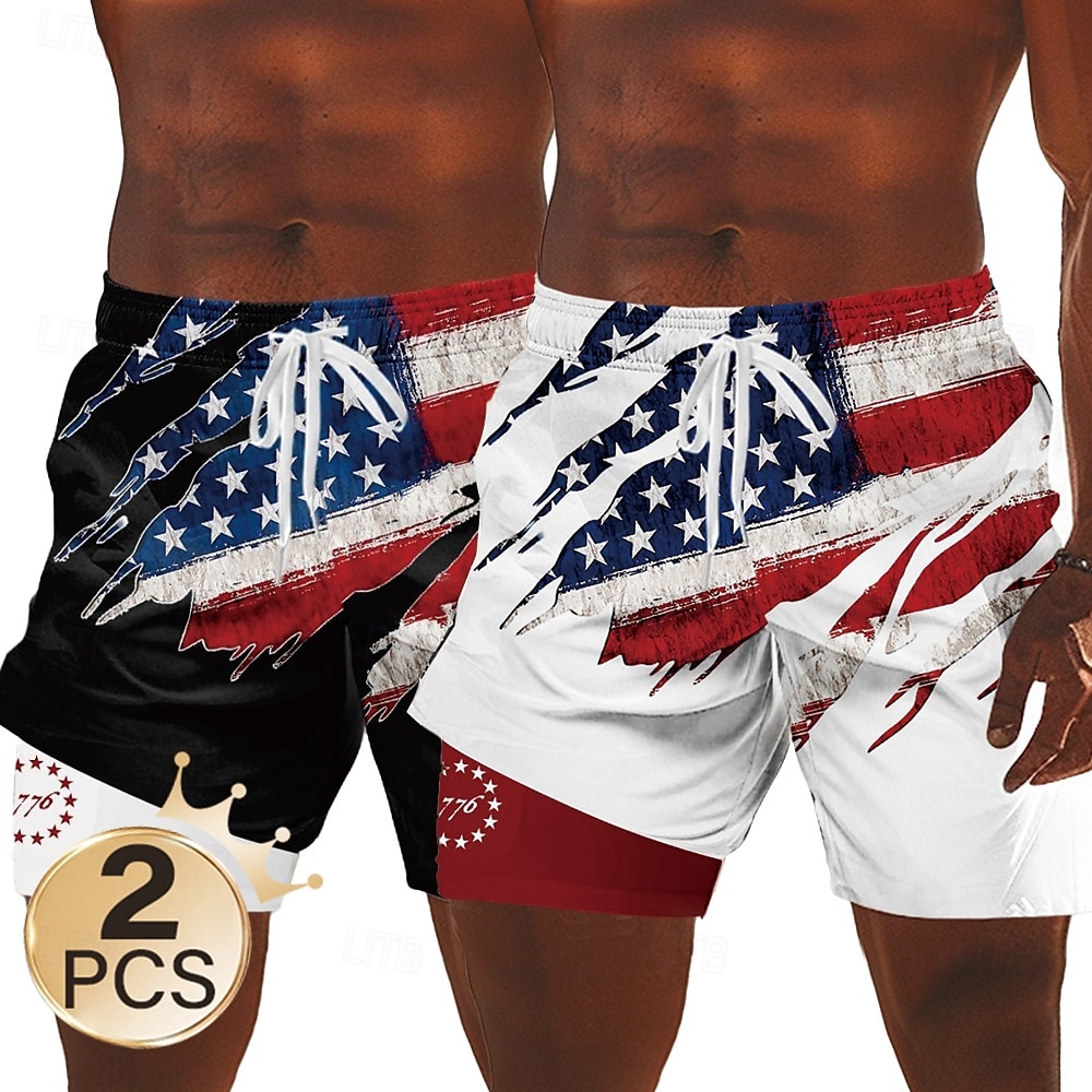 Unabhängigkeitstag Herren 2-teilig mit US-Flagge, patriotische gefütterte Shorts, 2-in-1-Boardshorts, Badehose, mittelhohe Taille, Urlaubs-Seitentaschen mit Kompressionsfutter, elastischer Kordelzug 2025 - $32.99 –P1