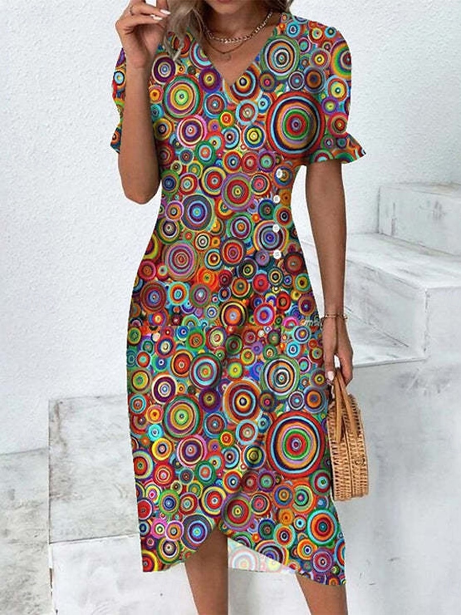 Femmes Robe Midi Robe fourreau Robe Portefeuille Occasionnel Quotidien Fête Coupe Ample Graphique Géométrique Manche Courte Col en V Bleu Fuchsia Orange Bleu de minuit Été Printemps de 2025 ? $23.99 –P1