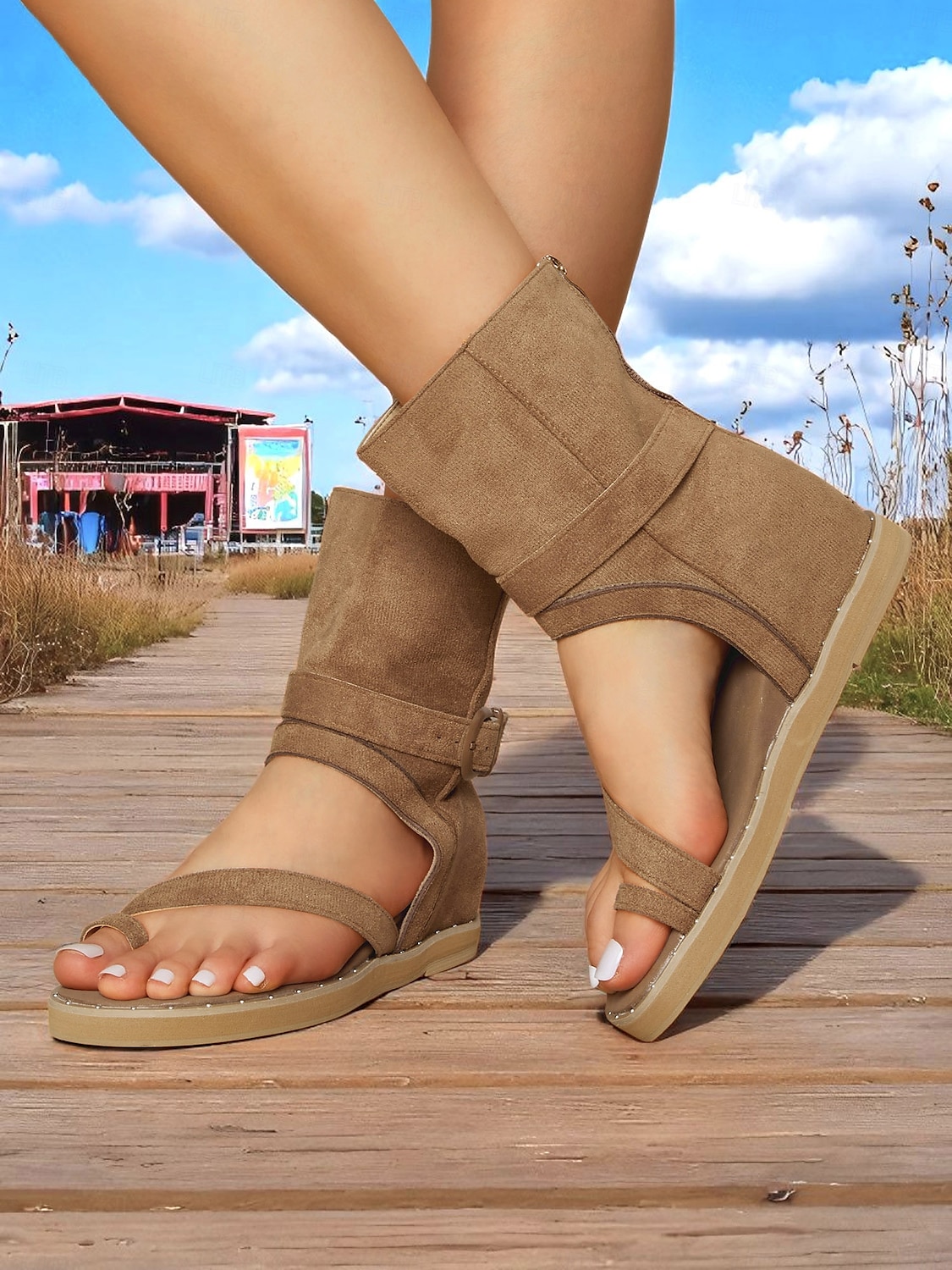 Bruna gladiatorsandaler med vristrem, dragkedja och spänne för dam – bohemiska platta stövlar med öppen tå för sommarfestivaler, camping och vardagligt utomhusbruk 2025 - $34.99 –P4