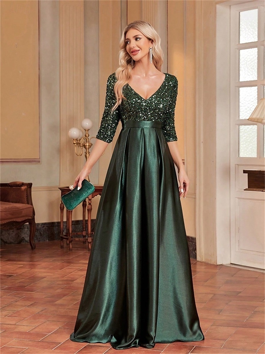 A-Line Quinceanera Dresses Elegant Dress Formal Wedding Floor Length Long Sleeve V Neck Polyester with Sequin 2025 - $99.99 –P11