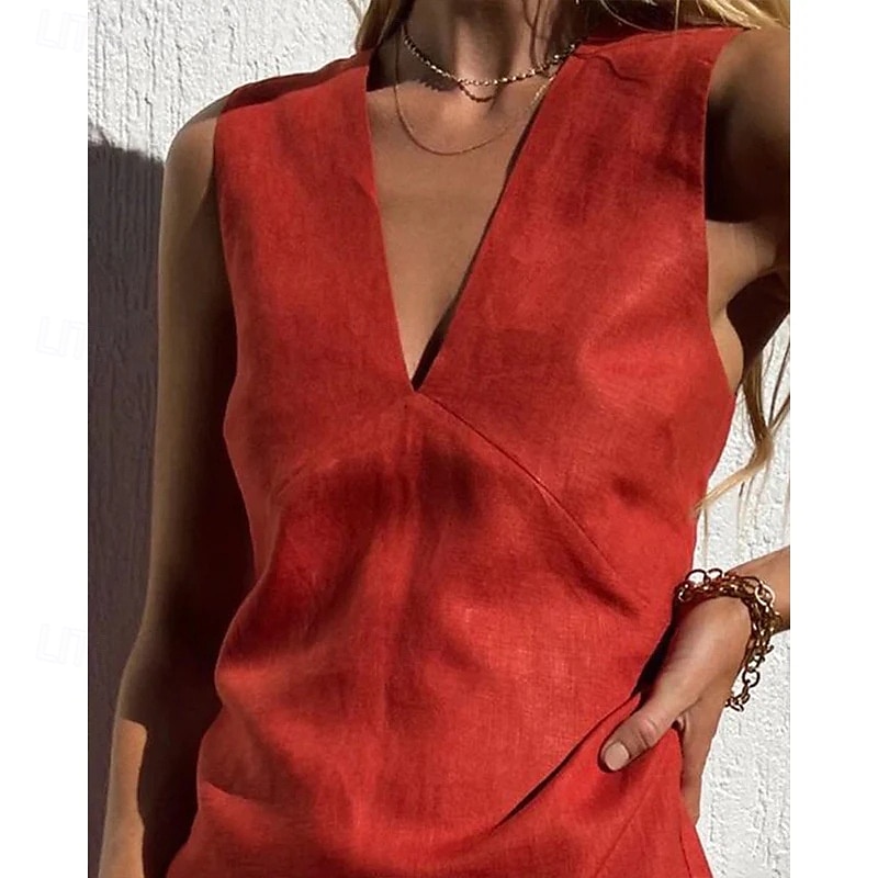 Robe courte 100 % coton pour femme, coupe droite, décontractée, pour soirée, tous les jours, vacances, coupe classique, unie, sans manches, col en V, chanvre, noir, blanc, rouge, été de 2025 ? $36.99 –P2