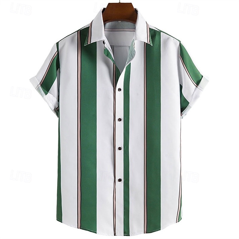 Herren Hemd Sommerhemd Freizeithemd Strandhemd Knopfhemd Blau Gold Grün Dunkelgray Grau Kurzarm Streifen Revers Urlaub Hawaiianisch Bekleidung Polyester Mode Lässig Bequem 2025 - $18.49 –P5