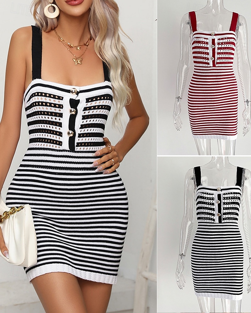 Pentru femei Rochie Mini Rochie casual Rochie de vară Rochie Slip Modă În aer liber Petrecere Concediu Fit regulat Dungi Fără manșon Curele de Negru Roșu-aprins Vară 2025 - $22.99 –P1