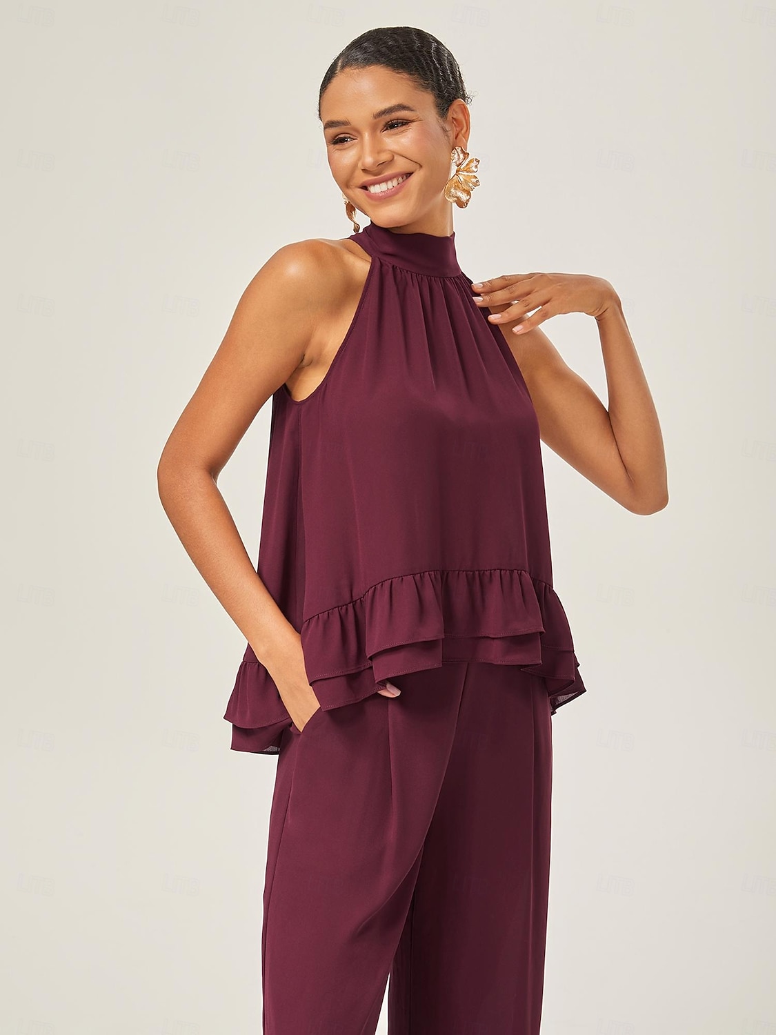 Per donna Da donna All'americana Tinta unita Borgogna Volant Senza Maniche Elegante Quotidiano All'americana Estate del 2025 a $52.99 –P6