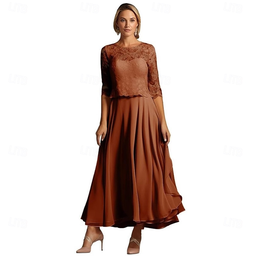 A-Linie Brautmutterkleid Elegant Einfach Rundhalsausschnitt Knöchellänge Polyester Halbarm mit Falten Einfarbig 2025 2025 - $109.99 –P1