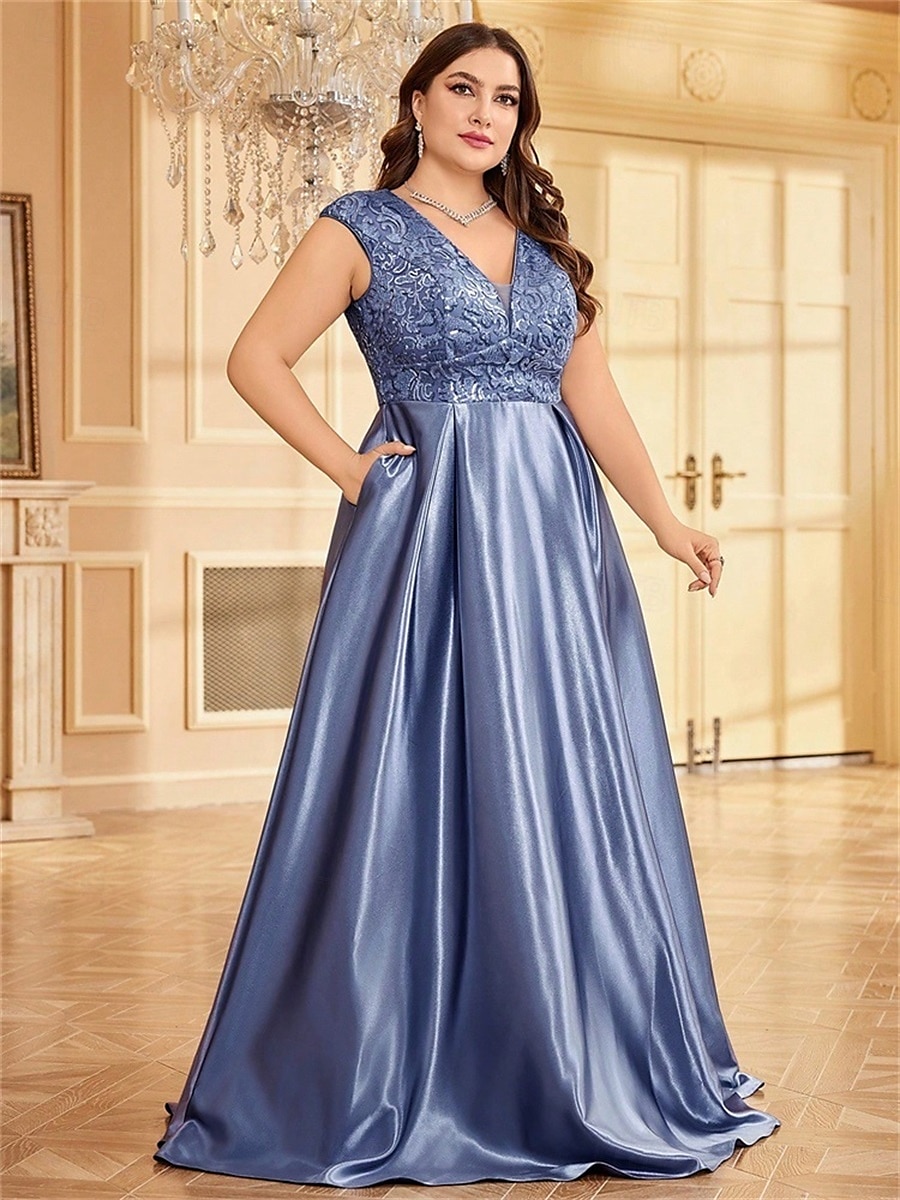 Robe A-Line Grande Taille Élégante Robe Courbe De Mariage Formelle Longue Au Sol Manches Courtes Col en V Satin Dos Nu Avec Plis 2025 de 2025 ? $119.99 –P27