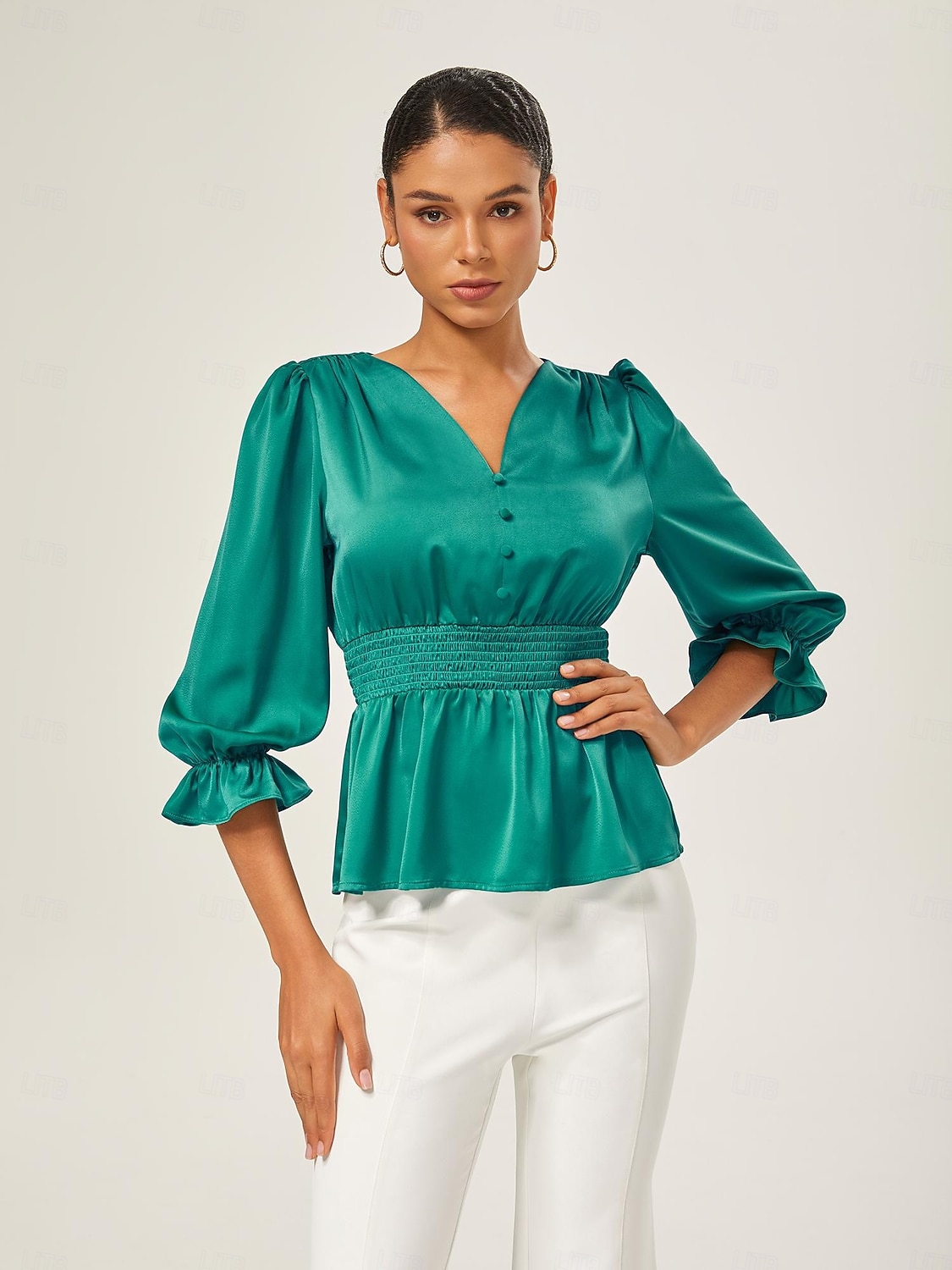élégant chemisier cintré en satin vert lac de 2025 ? $51.99 –P1