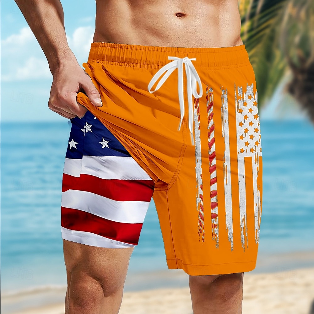 2025年 アメリカ独立記念日 男性用 愛国 米国旗 裏地付きショートパンツ 2 in 1 スイムショーツ スイムトランク ミディアムウエスト 祝日 サイドポケット コンプレッションライナー付き 伸縮性のあるドローストリングウエスト デザイナー 衣類 コレクション – $21.99 –P6