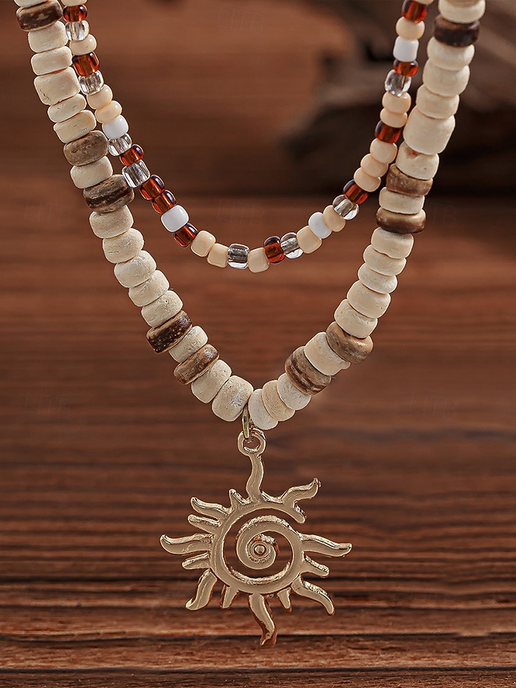 Men's Tribal Beaded Sun Pendant Necklace – Retro Bohemian Layered Jewelry with Adjustable Length for Beach, Festival and Casual Summer Outfits 2025 - $11.99 –P5