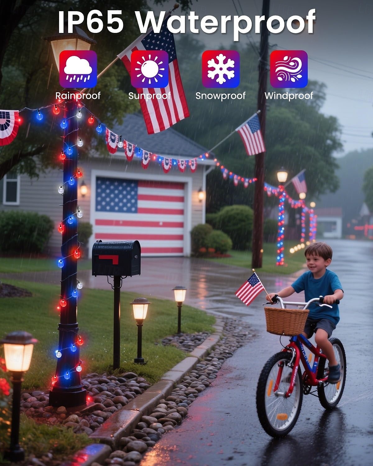 1 Pc Patriotic Solar String Lights 12M-100 LED, for 4th of July Independence Day 250th Anniversary Memorial Day, Red White Blue Bubble Ball Light String Party 2026 - $26.99 –P9