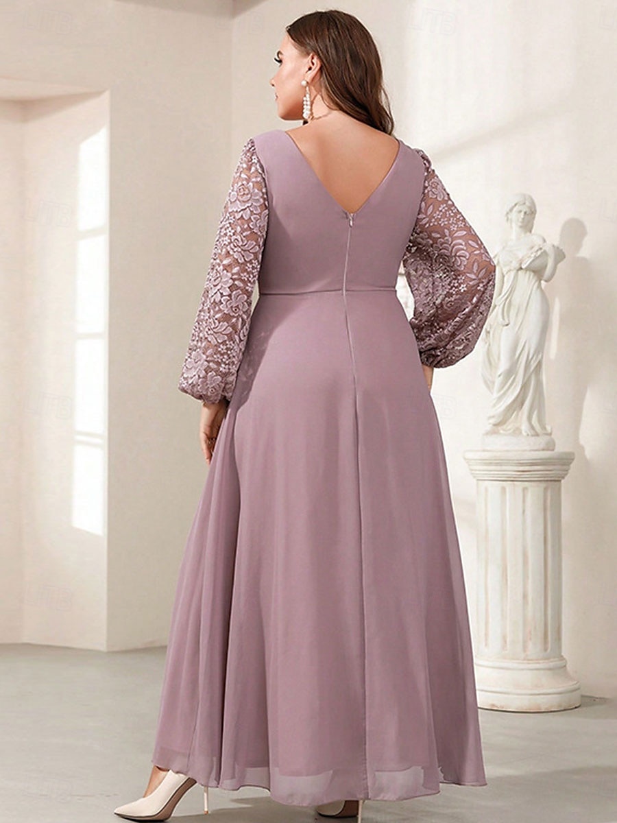 A-Linie Abendkleid Elegantes Kleid Formelle Hochzeit Bodenlänge Langarm V-Ausschnitt Chiffon mit Blumenmuster 2025 - $109.99 –P7