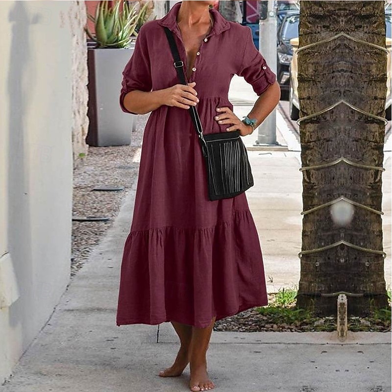 Per donna Abito Midi Vestito Casual Abito in cotone e lino Abito Estivo Moda Moderno All'aperto Data Weekend Vestibilità regolare Semplice Senza Maniche Colletto a Camicia Giallo Vino Verde militare del 2025 a $36.99 –P9