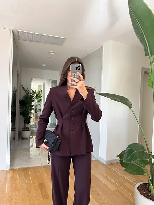 Macacão  Conjunto de Calças 2 Peças Conjunto de Mãe da Noiva Conjunto de Calças com Blazer Sem Gola Elegante Vintage Simples Mangas Longas Comprimento do Chão Calças com Detalhes de Pregas de 2025 por $169.99 –P6