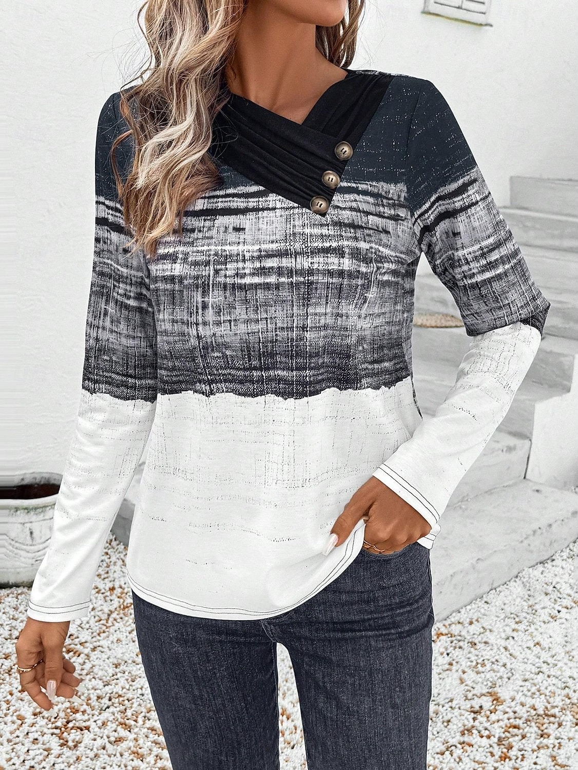 Dame T skjorte Grafisk Stripet Årgang Stilfull Klassisk Langermet Asymmetrisk hals Vanlige topper Daglig Helg Trykt mønster Svart Sommer 2025 - $27.99 –P3