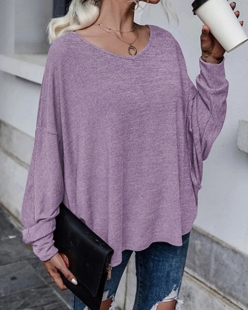 Femmes Chemisier Uni Occasionnel manche longue Col en V Hauts Réguliers Quotidien Fête Sortir Ourlet asymétrique Bleu Poudré Violet Bleu clair Été de 2025 ? $21.99 –P1