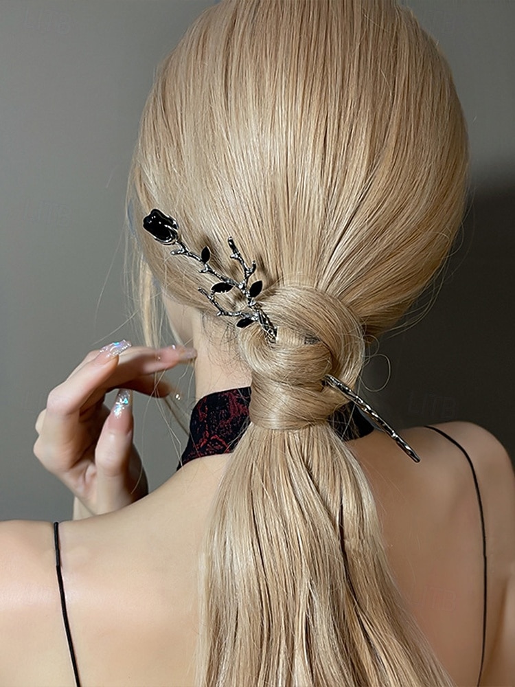 2025年 女性用ゴシックローズヘアピンヴィンテージ合金ヘアピンセット、レトロな枝デザインのヘアアクセサリー、ハロウィンパーティーやコスプレに最適  コレクション – $7.99 –P3