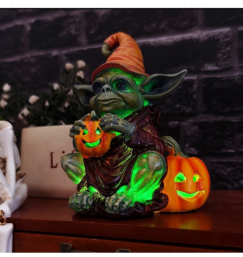Φιγούρα ρητίνης καλικάντζαρου για το Halloween που κρατά κολοκύθα με φώτα, λαμπερό στολίδι ρητίνης ξωτικού, διακόσμηση σπιτιού για τραπέζι 2025 - $17.49 –P6