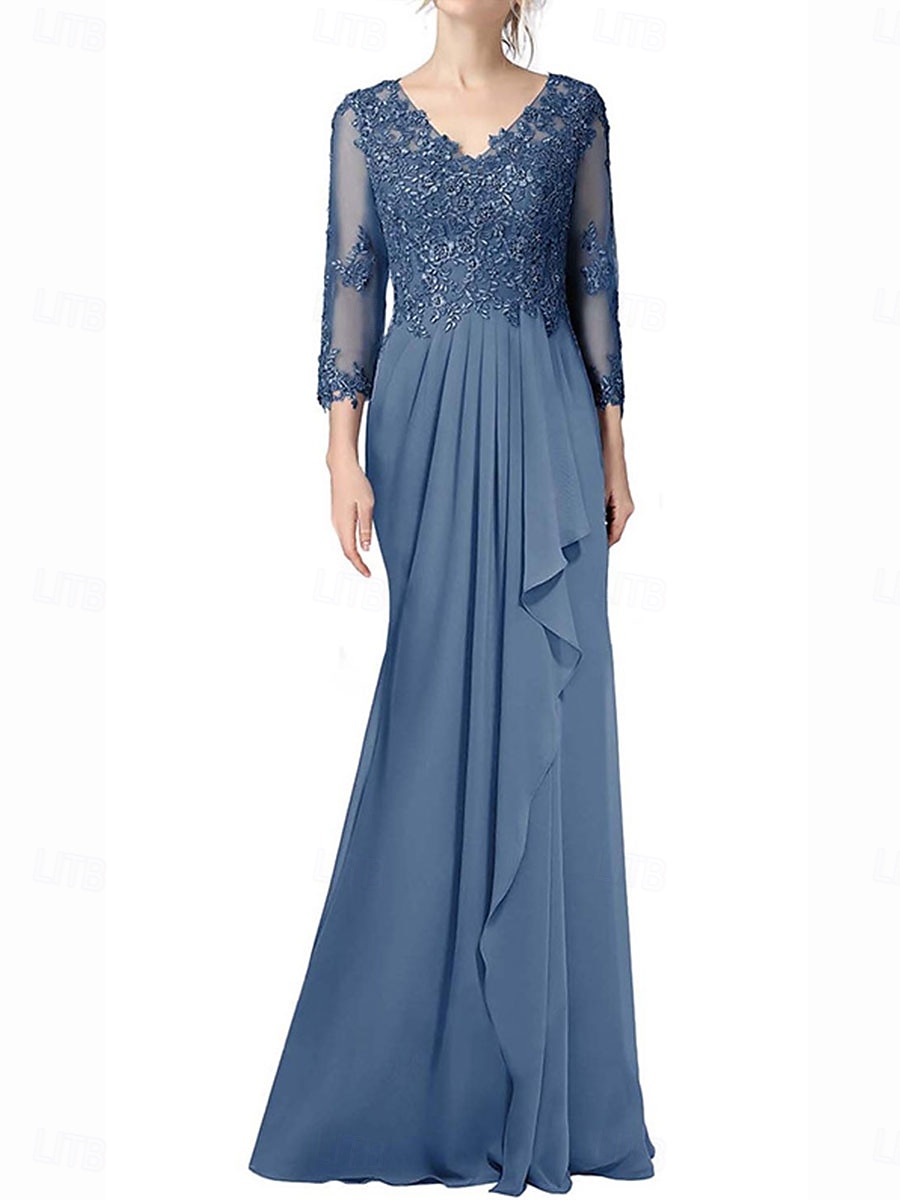 A-Linje Mor til Bruden Kjole Elegant V Hals Gulvlengde Chiffon 3/4 Lengde Erme med Folder 2025 - $119.99 –P4
