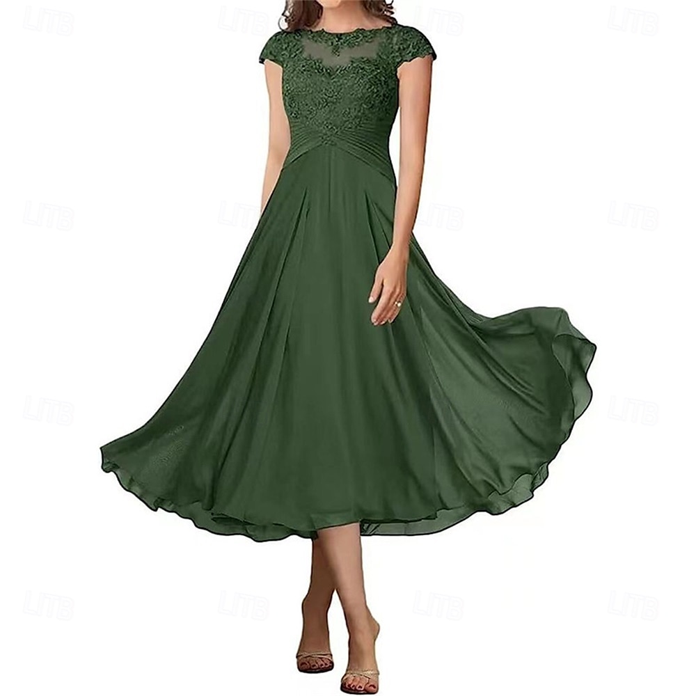A-Linie Brautmutterkleid Elegant Einfach Rundhalsausschnitt Knöchellänge Chiffon Kurzarm mit Falten Einfarbig 2025 2025 - $119.99 –P12