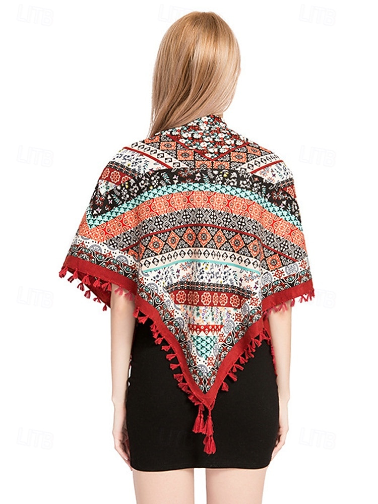 Boho firkantet skjerf med dusker til dame – lett sjal i blandet bomull med etnisk trykk for uformelle antrekk, reiser og festivaler 2025 - $14.99 –P4
