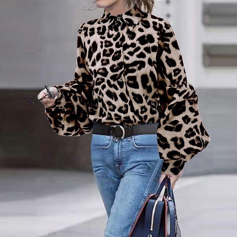 Per donna Camicia Leopardo Elegante Casual Manica Lunga Colletto a Camicia Top Regolari Quotidiano Bottoni Stampato Marrone Grigio Primavera Autunno del 2025 a $22.99 –P2