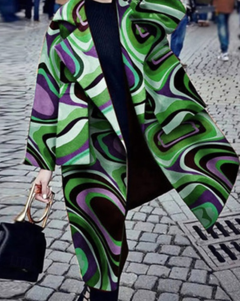 Dame Trenchcoat Bekvem Lomme Trykt mønster Mote Moderne Blomstret utendørs Feriereise Åpen Forside Lang Aftæpning Normal Langermet Yttertøy Rød Lilla Grønn Høst Vinter 2025 - $28.99 –P3