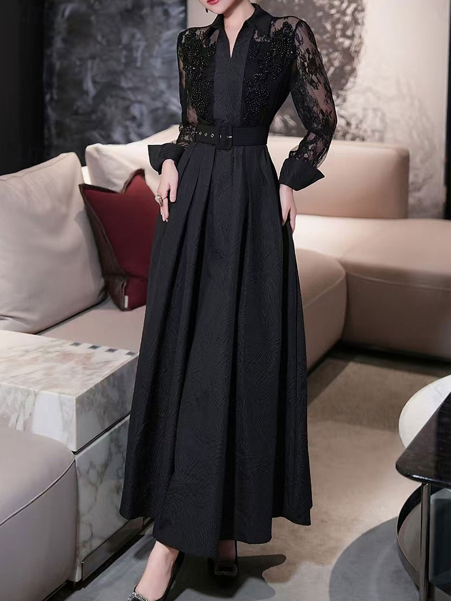 A-Linie Brautmutter Kleid Eleganter Hemdkragen Knöchellang Polyester Langarm mit Spitze Gurt  Band 2025 - $139.99 –P2