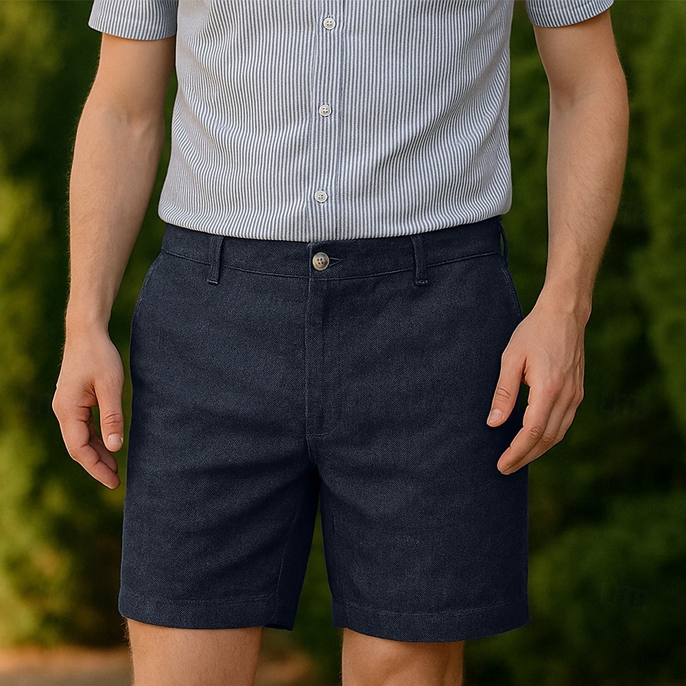 Shorts masculino 100% linho liso na altura do joelho, para escritório, uso diário, férias, estilo étnico, azul escuro, inelástico de 2025 por $44.99 –P1
