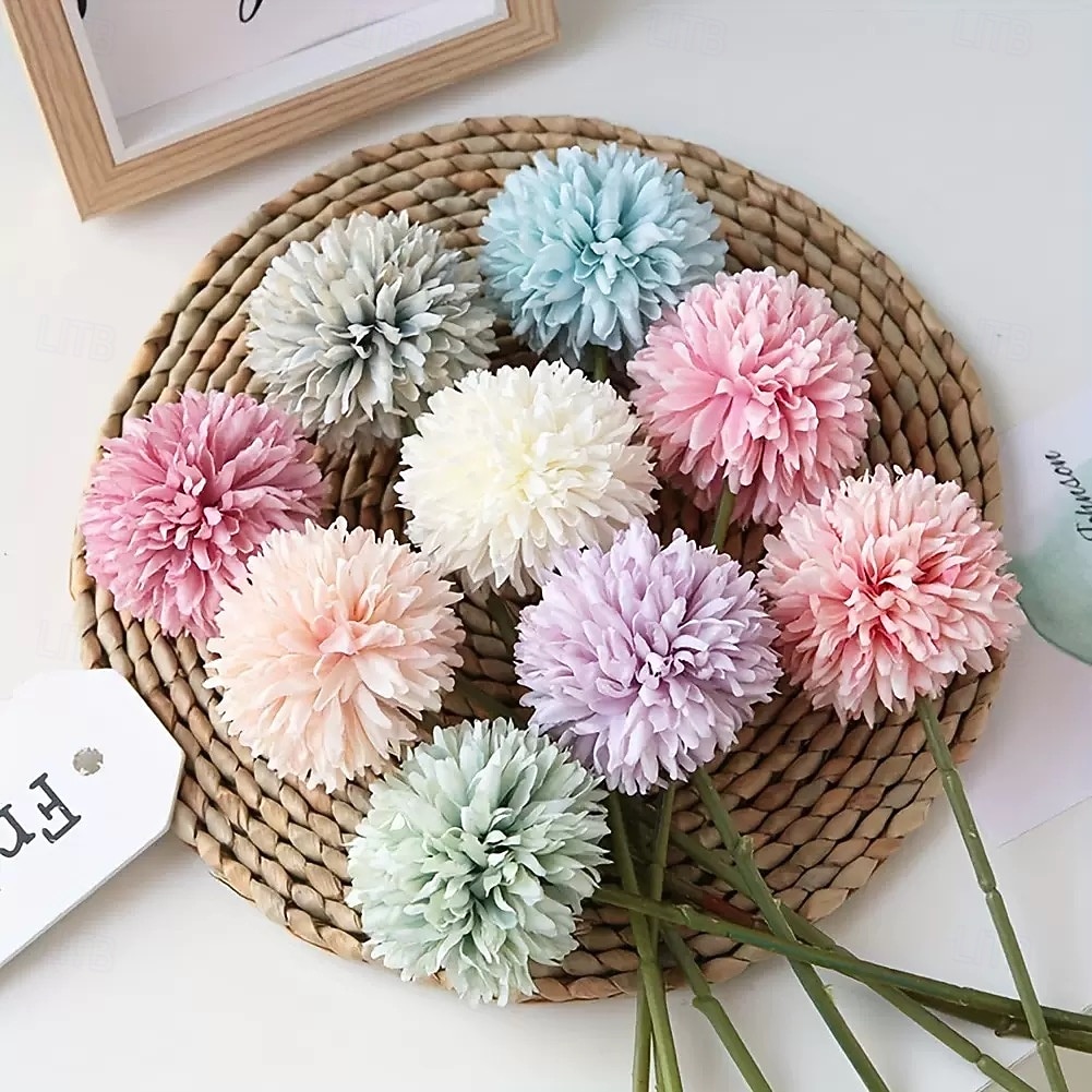 6 bolas de flores artificiales de crisantemo y diente de león para sala de estar, cerámica, decoración de bodas y arreglos florales de imitación. 2025 - $11.49 –P5