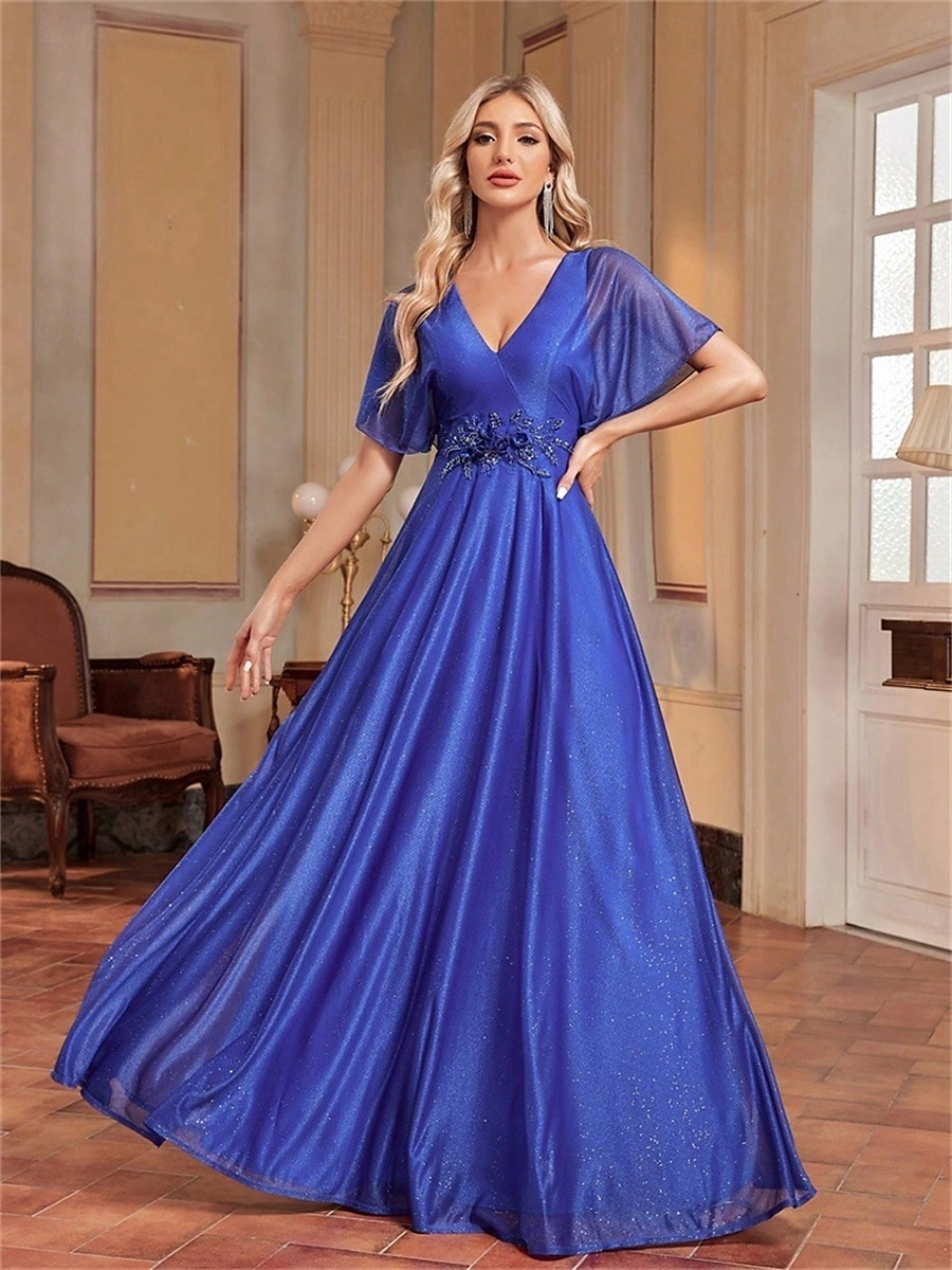 A-Linie Quinceanera Kleider Elegantes Kleid Formelle Hochzeit Bodenlang Kurzarm V-Ausschnitt Chiffon mit Falten 2025 - $99.99 –P10