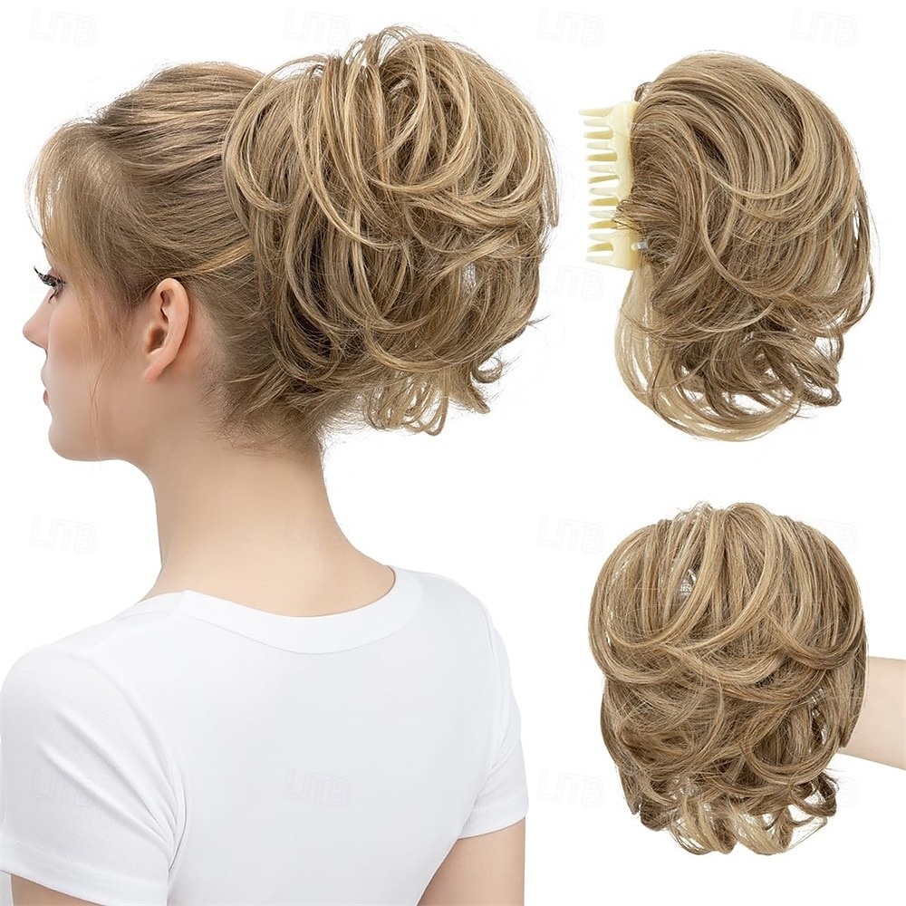 Extensions de cheveux synthétiques ondulées et bouclées, queue de cheval courte et bouclée, style chignon décoiffé, flexibles et polyvalentes de 2025 ? $19.49 –P1
