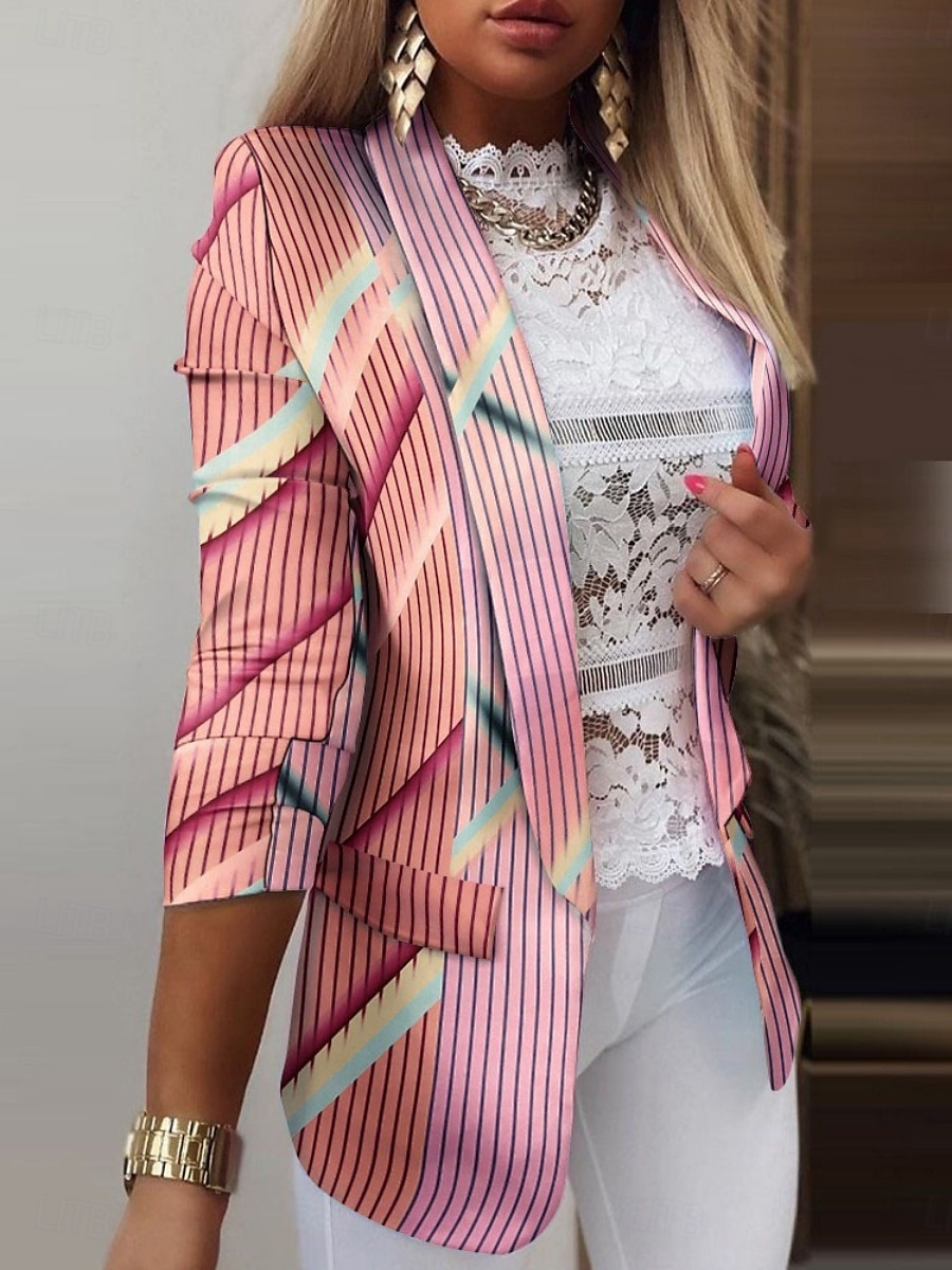Dam Kavaj Bekväm Andningsfunktion Ficka Mönster Ledigt Geometrisk Kontor Gata Ledigt Dagliga kläder Öppen front Normal Nedvikt Normal Långärmad Ytterkläder Svart Vit Rodnande Rosa Sommar Vår 2025 - $33.99 –P2
