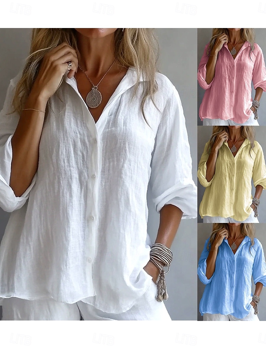 Women's Shirt Solid Color Plain Stylish Casual Long Sleeve Shirt Collar Regular Tops Daily Holiday Buttons White Yellow Pink Blue Summer Spring 2025 - $22.99 –P1