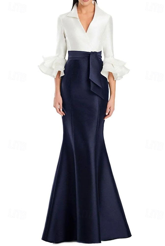 schwarz-weißes Abendkleid Meerjungfrau/Trompete Abendkleid elegantes Kleid formelle Hochzeit bodenlang Halbarm Hemdkragen Stretch-Satin mit Rüschen 2025 2025 - $139.99 –P5