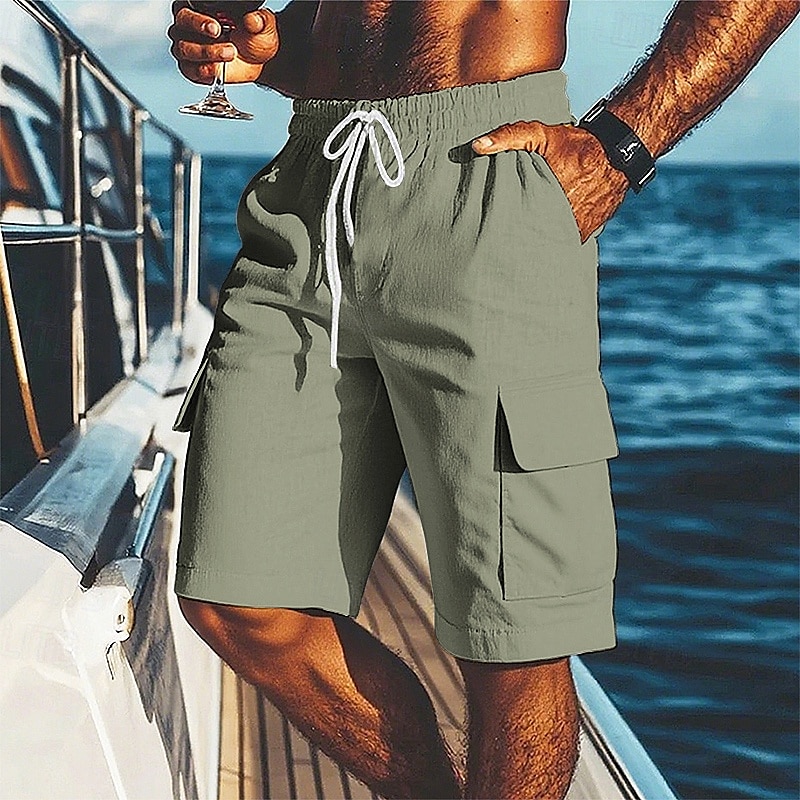 Men's Shorts Linen Shorts Summer Shorts Beach Shorts Elastic Waist Drawstring Multiple Pockets Plain Comfort Breathable Short Vacation Holiday Beach Hawaiian Boho Black White 2025 - $18.99 –P5