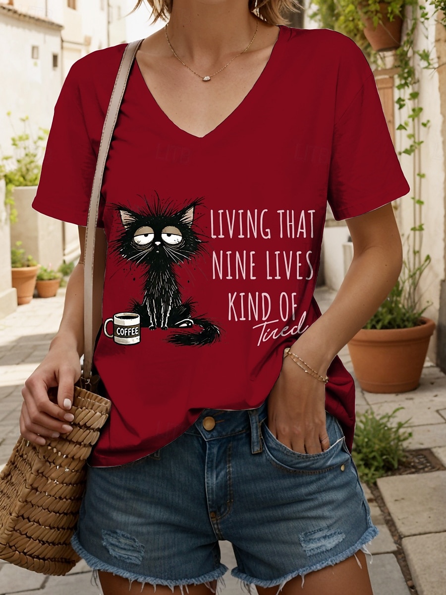 Per donna Maglietta Grafico Animale Gatto Vintage Elegante Classico Manica Corta Scollo a V Top Regolari Quotidiano Stampato Nero Bianco Rosa Rosso Blu Estate Primavera del 2025 a $19.99 –P1