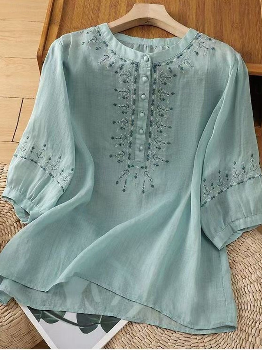 Dame Skjorter i bomullslin Helfarge Grunnleggende Fritid 3/4 ermer Crew-hals Vanlige topper Daglig Broderi Knapper Rosa Blå Aprikos Sommer 2025 - $17.99 –P10
